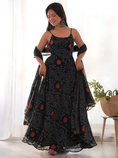 Magnetic Black Bandhani Printed Chiffon Traditional Gown With Dupatta